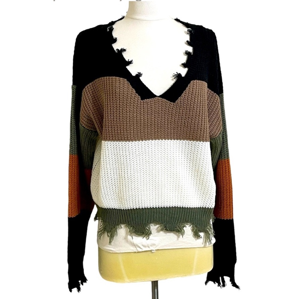 FASHION ON EARTH Womens Black Brown Ripped Color-block V-Neck Sweater Medium